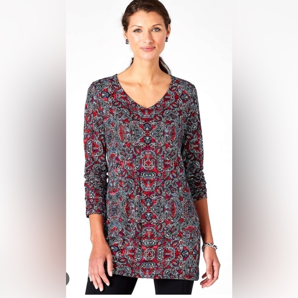 J.Jill Gorgeous V-Neck Knit Tunic ~ True Red Sparkling Paisley Size: M